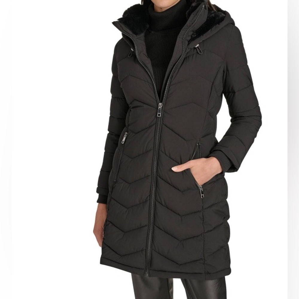 Calvin Klein Hooded Puffer Jacket Womens Black Sorona Aura Size S Original ✅